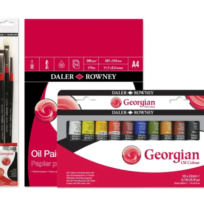 Daler-Rowney Georgian Oil Colour Bundle - Set of 10 x 22ml Tubes + A4 Pad + Brushes - Little Painter Art | Exploring the Endless Possibilities of Art| Canvas