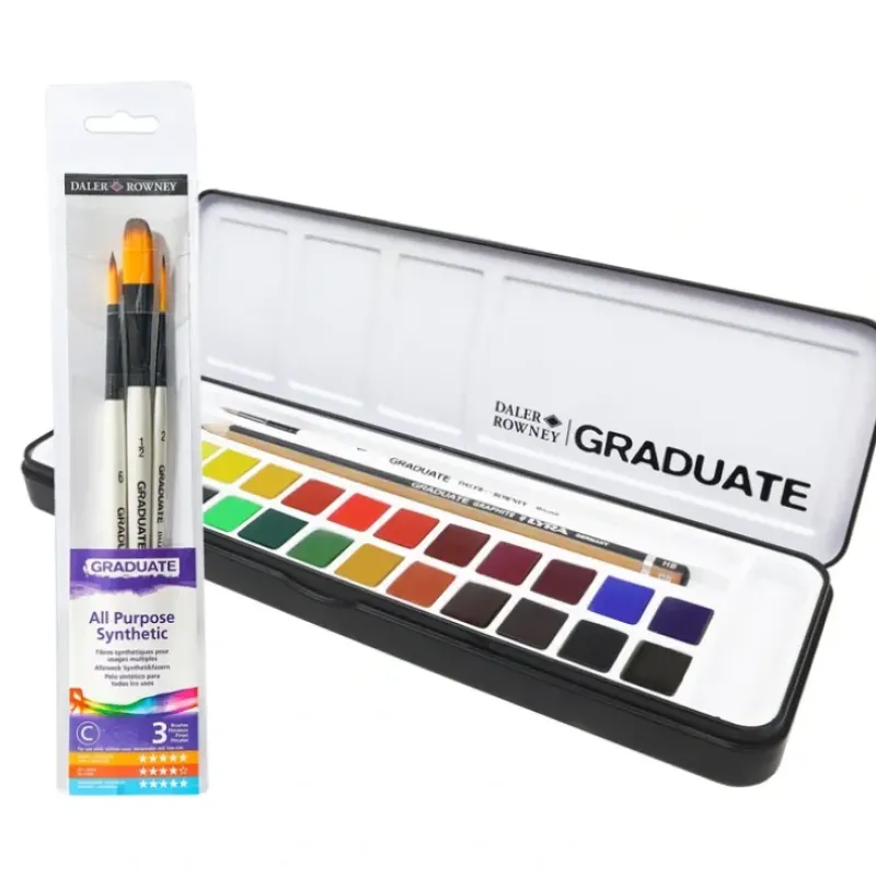 Daler-Rowney Graduate Watercolour Set - 24 Half Pans + FREE Graduate Brush Wallet - Little Painter Art | Exploring the Endless Possibilities of Art| Pigment